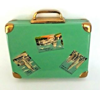 Vintage Figural Suitcase Powder Compact With Green Enamel & Postcards.  See