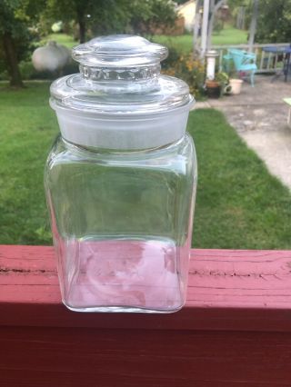 Vintage Clear Glass Square Apothecary Candy Jar 9 1/2 " With Lid 7 1/2” To Rim