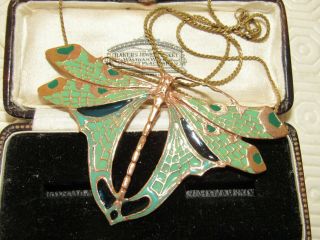 Vintage Jewellery Gorgeous Art Nouveau Large Enamel Dragonfly Pendant Necklace