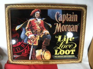 Captain Morgan Spiced Rum Mirror Sign Tray W/ Rope & Wooden Frame 27x21