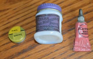 3 Antique Nail White Whitener Milk Glass Bottle Tin & Tube Pharmacy Drugstore