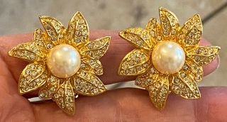 Vintage Christian Dior Gold Plated Pave Crystal Pearl Flower Clip - On Earrings