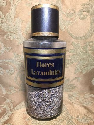 Antique French Apothecary Blown Glass Jar With Tin Lid Label " Flores Lavandulae