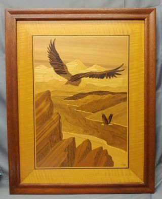 Old Vintage Hudson River Inlay Soaring Eagles Marquetry Inlaid Wood Wall Hanging