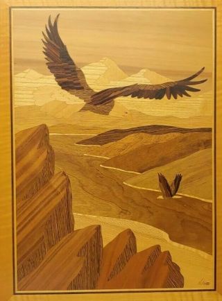 Old Vintage Hudson River Inlay Soaring Eagles Marquetry Inlaid Wood Wall Hanging 2