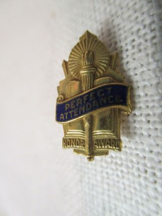 Vintage Gold Plated Blue Enamel Pin High School Perfect Attendance Honor Award