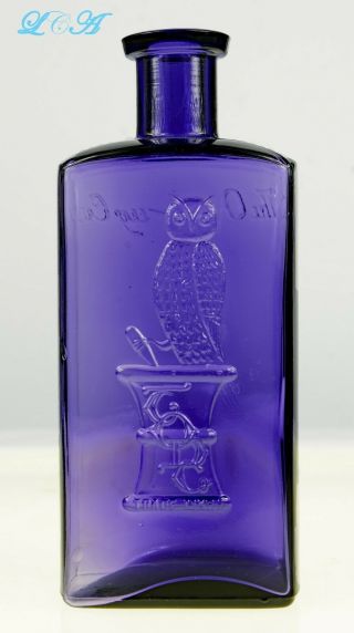 Rare 7 Inch Tall Old Owl Drug Bottle W/ Pic Owl - 12 Ounce & Pure Purple