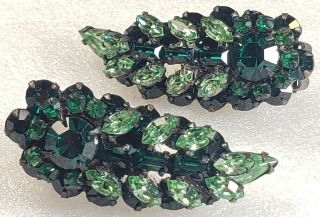 Vintage Signed Schreiner Light & Dark Green Glass Rhinestone Earrings