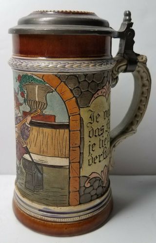 Antique Jw Remy.  4 Liter Lidded Etched German Beer Stein " Courting Couple " 1297