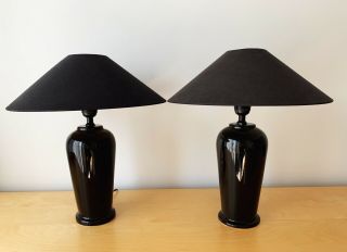 Pair Vintage Table Lamps 1980s Black Ceramic Shades Underwriters Laboratories