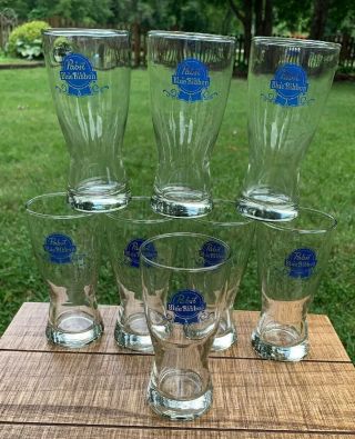 Set 8 Vintage Pabst Blue Ribbon Beer Pilsner Glasses H 6 1/4”