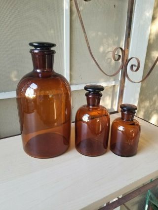 Vintage Set Of 3 Amber Glass Apothecary Medicine Bottles With Stoppers