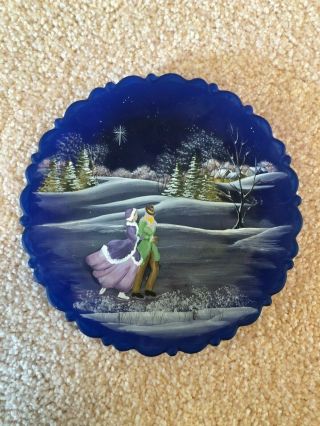 Vintage Fenton Blue Plate Christmas Scene Hand Painted By Frances Burton 8 "