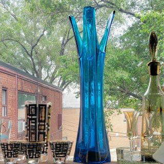 Vintage Tall Viking Bluenique Blue Swung Art Glass Vase 21 "