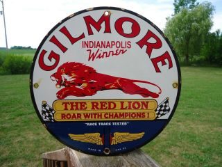 Old Vintage 1952 Gilmore The Red Lion Porcelain Enamel Gas Pump Sign " Winner "