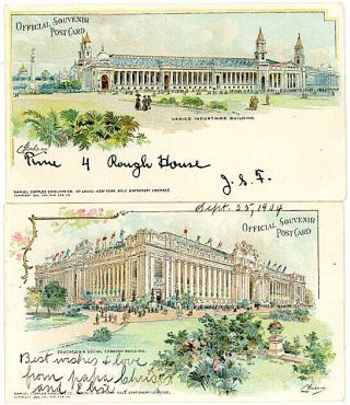 Two 1904 Souvenir Postcards St Louis Worlds Fair W/ 1¢ Louisiana Purchase Stamps