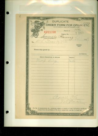 Vintage 1917 Order Form For Opium
