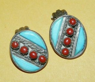 Vtg Old Pawn Native American Navajo Sterling Silver Turquoise & Coral Earrings