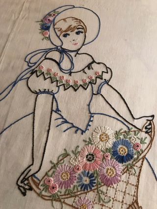 Vintage Hand Embroidered Sunbonnet Girl Fancy Basket Flowers Bedspread Cover