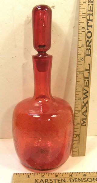 Vintage Blenko Red - Orange Crackle Glass Decanter W/ground Stopper M Joel Myers