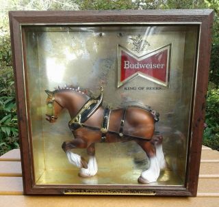 Vintage 70s Budweiser Beer Sign Clydesdale Horse Shadow Box Light Lighted Rare