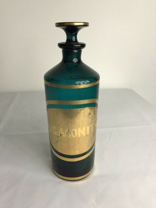 Vintage Aqua Apothecary Bottle With Glass Stopper - 8 " Tall - Suc:aconit:fol