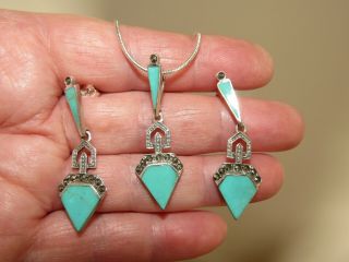 925 Sterling Silver Vintage Art Deco Geometric Turquoise Necklace & Earrings Set