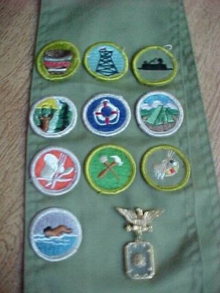 Vintage Boy Scout Bsa Metit Badge Sash With 10 Badges & 1 Metel Pin Pinback