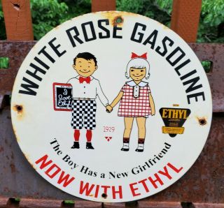 Vtg 1929 Dated White Rose Gasoline With Ethyl Porcelain Gas Station Pump Sign