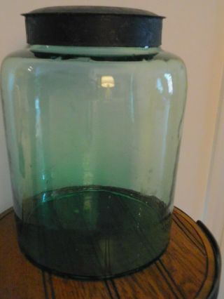 Antique Apothecary Country Store Counter Green Blue Blown Glass Jar Lidded Large