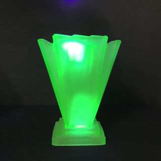 Vintage Uranium Glass Art Deco Style Vase With Flower Frog 305