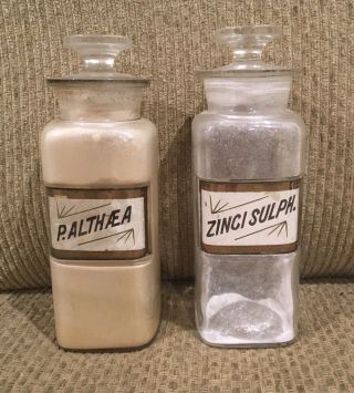2 Vintage Apothecary Bottles,  Glass Labels - Zinci Sulph & P.  Althaea