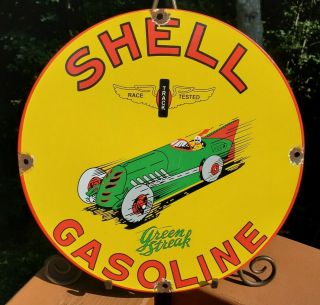 Old Vintage Shell Green Streak Gasoline Porcelain Advertising Sign Gas