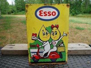 Old Vintage Esso 2 Stroke Motor Oil Gasoline Porcelain Gas Pump Advertising Sign