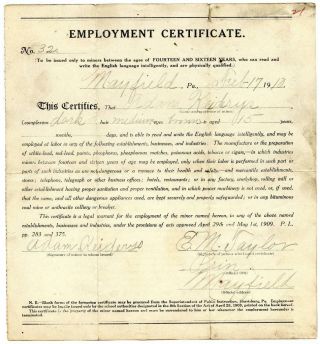1910 Minor Coal Miner Child Labor Employment Certificate Mayfield Pennsylvania