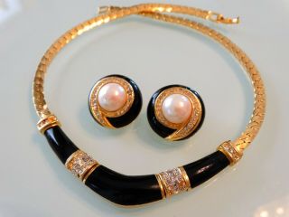 Vtg Christian Dior Art Deco Regal Gold Enamel Crystal Pearl Choker Earrings Set