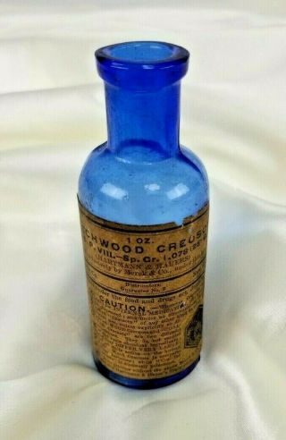 Antique Merck Beechwood Creosote Cobalt Blue Medicine Bottle Label