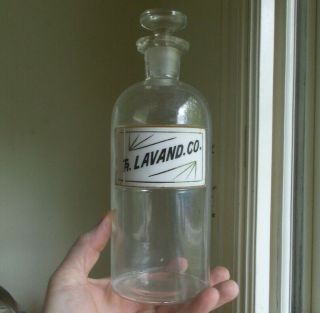 1880s Label Under Glass Tr.  Lavand.  Co 9 " Apothecary Drugstore Bottle & Stopper