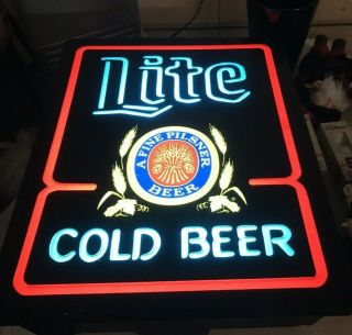 Vtg Miller Lite Cold Beer Lighted Plastic Bar Tavern Sign Man Cave Advertising