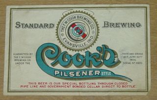 1 Beer Label,  Evansville,  Indiana,  F.  W.  Cook,  Cook 