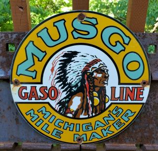 Vintage Musgo Porcelain Sign Gas Motor Oil Station Indian Chief Rare Pump Metal
