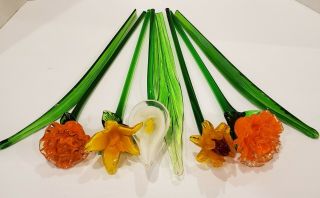 L6 - Bouquet Of 5 Vintage Art Glass Hand Blown Stem Flowers 3 Grass Leaves 12 " L