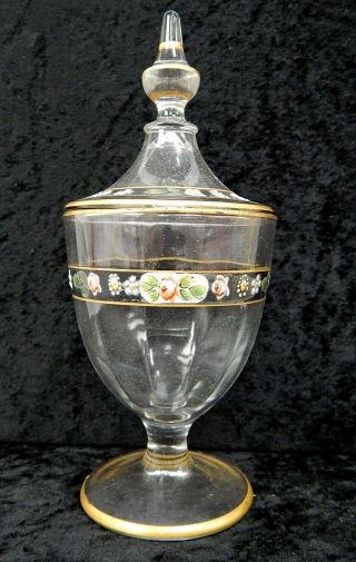 Antique Victorian Hand Painted Glass Apothecary Jar Vanity Vessel Art Deco