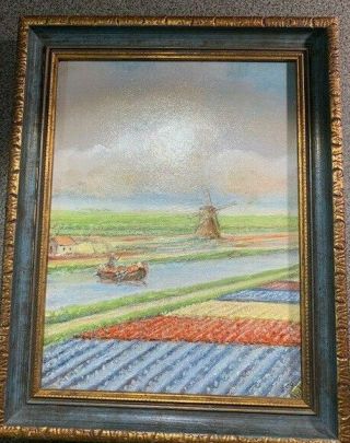 Vintage Dutch Painting Oil On Canvas W/windmill By Ahw Van Blijenburgh