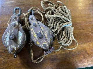 Vintage Block And Tackle Pulley X 2 15 Cwt With Hemp Rope