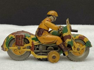 Vintage Key Wind Up Pre War Tin Military Motorcycle With Rider And Gun Japan Kt