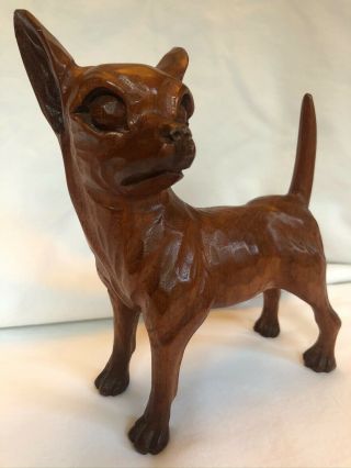 Vintage Jose Pinal Wood Carved Chihuahua Dog Sculpture Signed Mexican Folkart