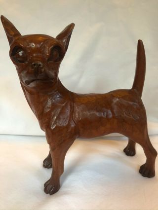 Vintage Jose Pinal Wood Carved Chihuahua Dog Sculpture Signed Mexican Folkart 2