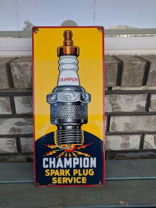 Vintage Porcelain Champion Spark Plug Gas And Oil Sign