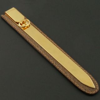 Vintage Gucci Italy Gold Plated Letter Opener W/ Leather Case Desk Accessory,  Nr